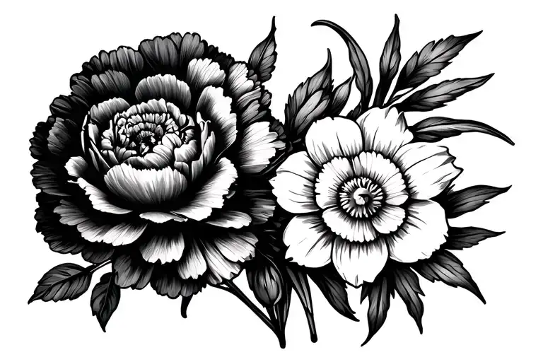 carnation, daffodil, and aster flowers intertwined tattoo design idea