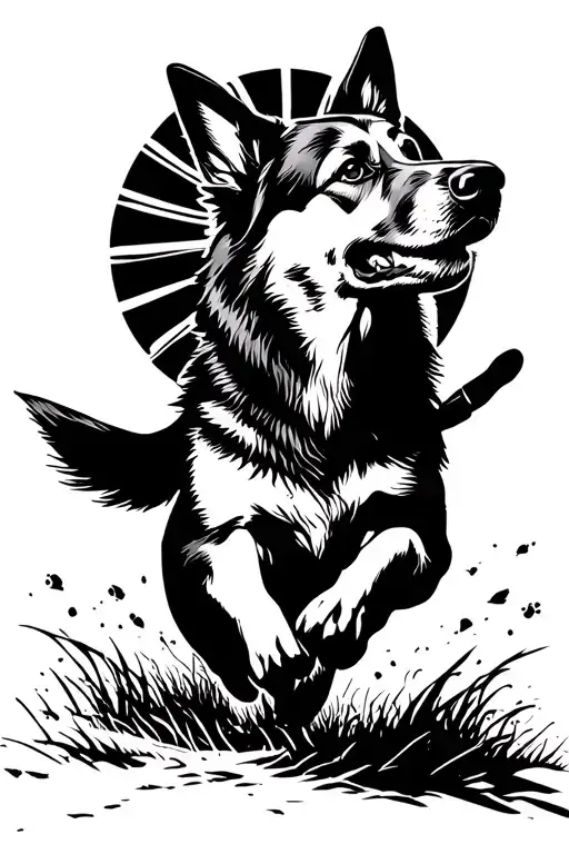 sun with German shepherd silhouette running through tattoo design idea
