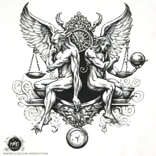 devil in the left and in the right is angel hanging on weighing scale tattoo design idea