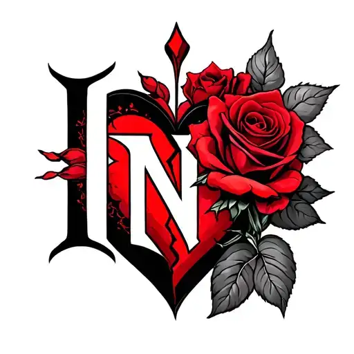 I want to make a tattoo design combining the alphabets of H and N with the touch of red rose and broken heart,  tattoo design idea