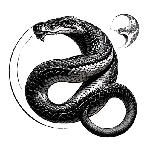 snake wrapped round moon tattoo design idea