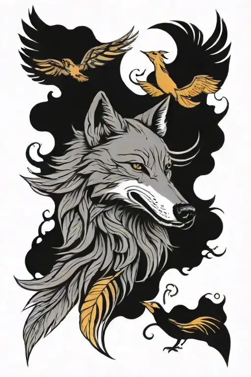 wolf with phoenix bird show resilience growth strength tattoo design idea