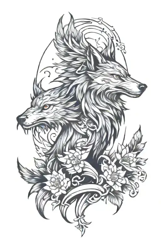 wolf with phoenix bird show resilience growth strength tattoo design idea