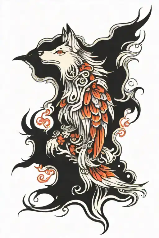 wolf with phoenix bird tattoo design idea