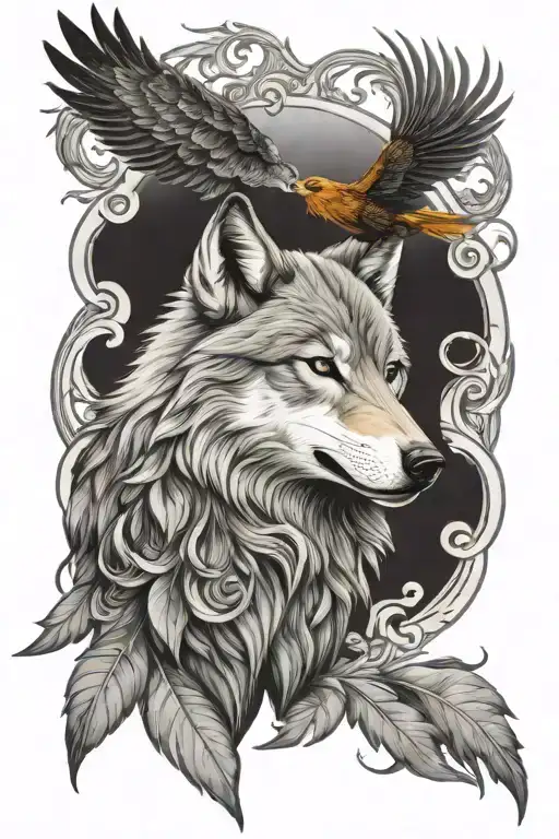 wolf with phoenix bird show resilience growth strength tattoo design idea