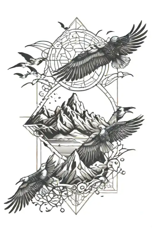 blessed vertically with mountains around it with birds flying in the background  tattoo design idea
