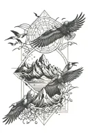 blessed vertically with mountains around it with birds flying in the background  tattoo design idea