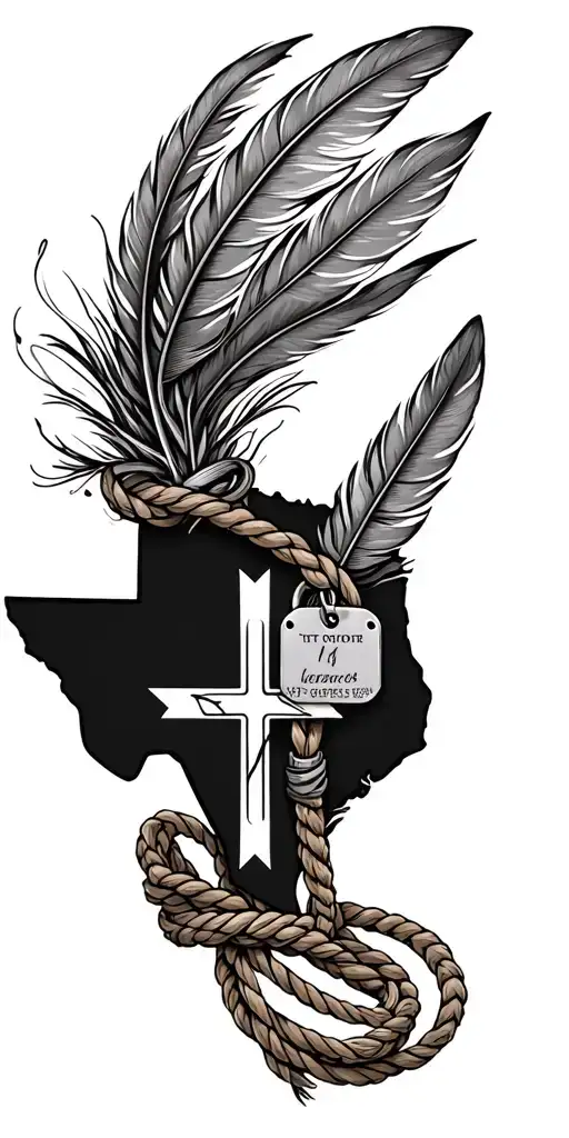 western are sleeve ideas for men with a cow tag and feathers and a cross and state of texas with lasso/rope and fill inh tattoo design idea