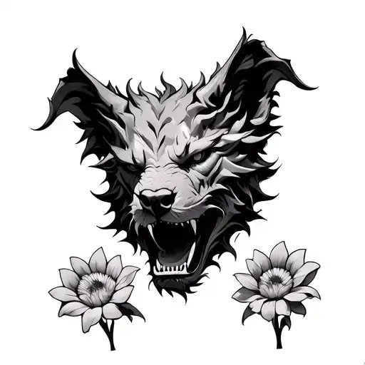 cerberus with a flower in each of its mouths tattoo design idea
