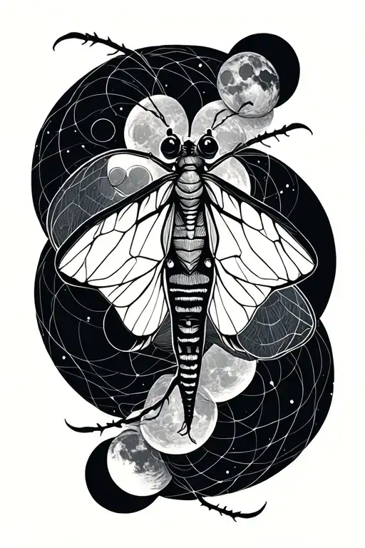 luna moth with moon phases tattoo design idea
