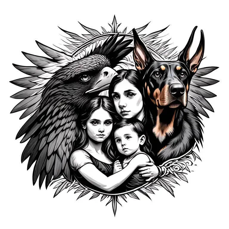 On the right an eagle head and on the left a head of Doberman, between the two a woman and her child tattoo design idea