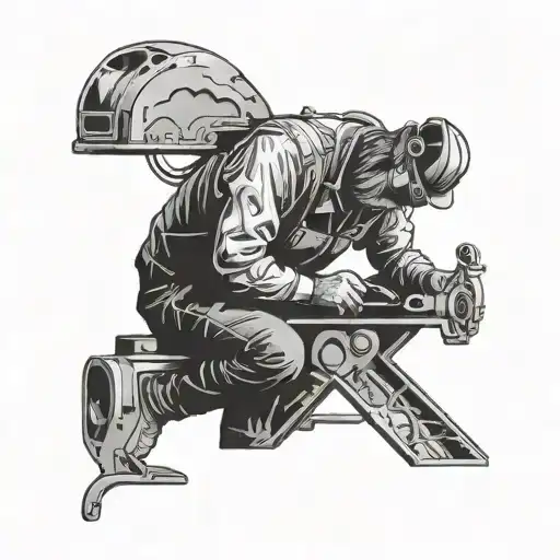 A welder working on a metal sculpture of a hunting scene tattoo design idea