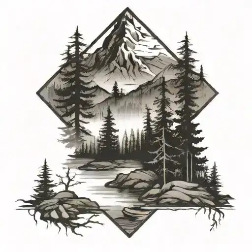 mountain and evergreen trees with cross and river  tattoo design idea