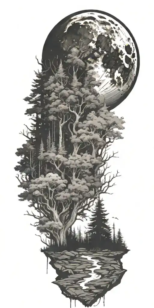 massive forest landscape with huge moon in the background  tattoo design idea