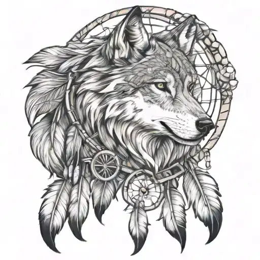 wolf and dreamcatcher tattoo line drawing tattoo design idea