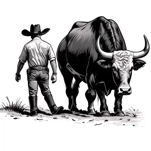 cowboy hat, cowboy boots, bull, father and son walking tattoo design idea
