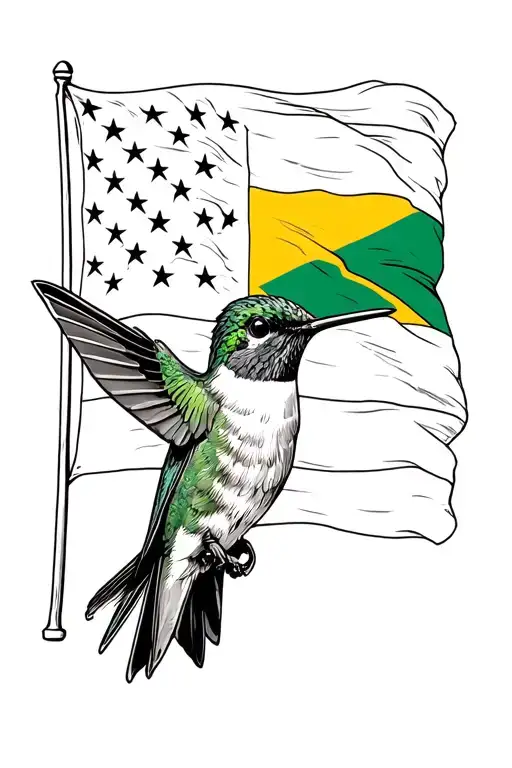 hummingbird in front of a flag half united states of america flag and half Jamaican flag. tattoo design idea