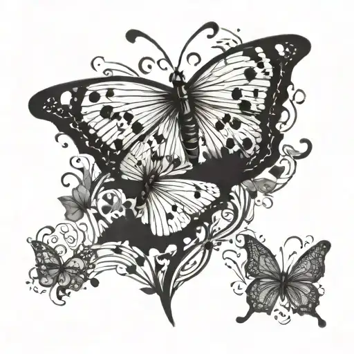 A butterfly composed of musical notes flying over a picturesque nature scene with your grandkids playing with dogs in the sunset tattoo design idea