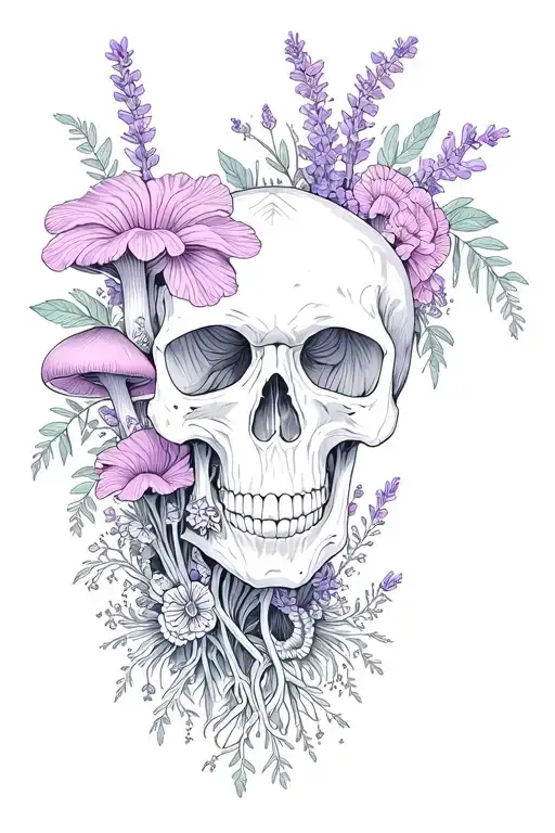 bottom mandala design above mushrooms flowers and lavenders that creates illusion of a skull tattoo design idea