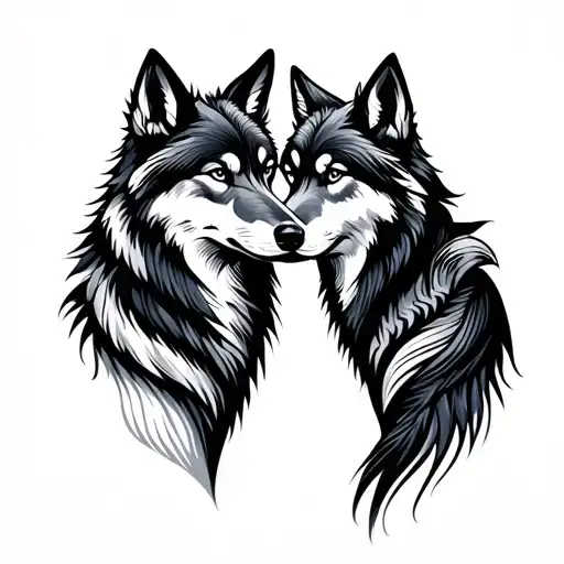 wolf silhouette, entwined with love couple tattoo design idea