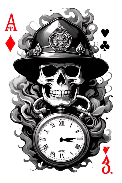 firefighter theme skulls, playing cards, pocket watch, smoke  tattoo design idea
