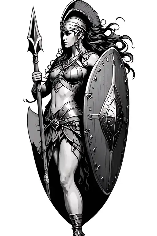 ares as a female spartan with spear and shield adorned tattoo design idea