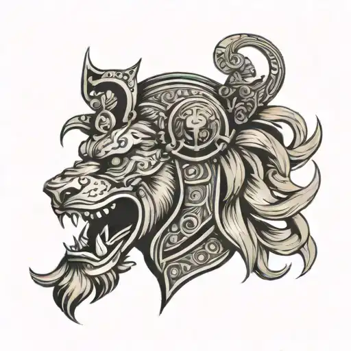 head of lion roaring, helmet armor medieval knights, cambodia tattoo design idea