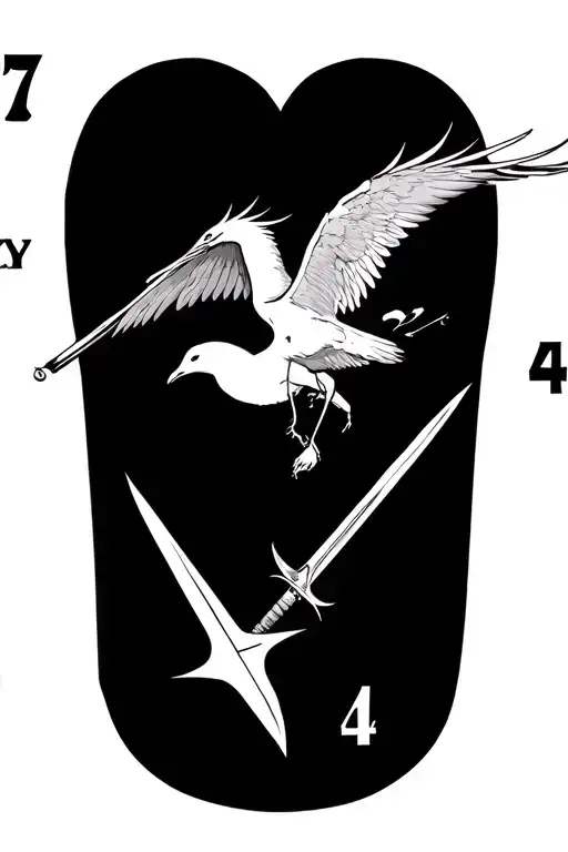 flying  big crane flying, inside an abstract heart and sword, surrounded by the number 7 on left and 4 on the right tattoo design idea
