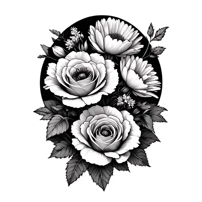 carnations, roses, larkspurs, poppies and chrysanthemums minimalistic tattoo design idea