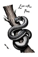 snakes wrapped around wood tree branch representing nature with a meaningful message. with the word on top Love and Peac tattoo design idea