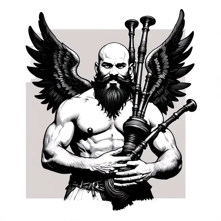 scottish bagpiper bald black beard  muscular wearing pipes in arm big black wings shirtless tattoo happy tattoo design idea
