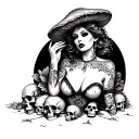 womans body in burlesque with a mushroom head and bast surrounding her and skulls on the ground around her. tattoo design idea