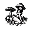 womans body in burlesque with a mushroom head and bast surrounding her and skulls on the ground around her. tattoo design idea