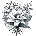 fine line flower bouquet with a violet, lily of the valley, honeysuckle, water lily, and poppy tattoo design idea