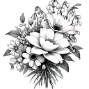 fine line flower bouquet with a violet, lily of the valley, honeysuckle, water lily, and poppy tattoo design idea