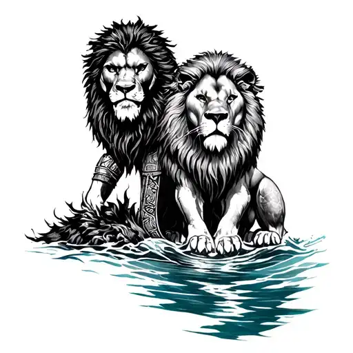 Gladiator with a lion and a water tattoo design idea
