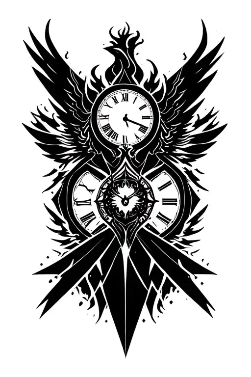 Phoenix burning with clock  in the background tattoo design idea