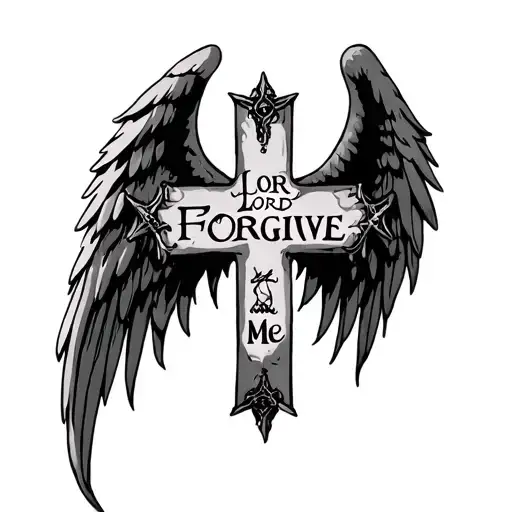 Cross with the words “Lord Forgive Me” in the middle with one angel wing and one demon wing  tattoo design idea