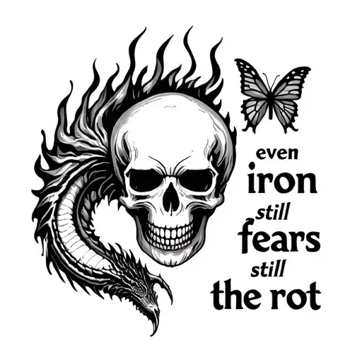 "even iron still fears the rot" skull & butterfly with fire breathing dragon tattoo design idea