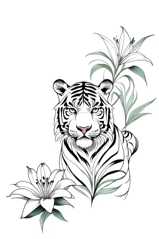 tiger animal and lily flower tattoo design idea