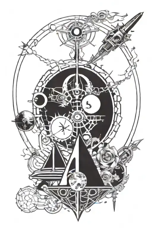 A combination tattoo featuring iconic elements from World of Warcraft, Lord of the Rings, Star Trek, Star Wars, Harry Potter, and Stargate in a futuristic tech-inspired design tattoo design idea
