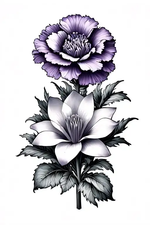 carnation flower with one violet one iris one honeysuckle one water lily one Gladius flour one morning glory sleeve  tattoo design idea