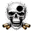weathered skull facing forward jaw hanging open bullet hole in left side of forehead smoking .40cal casing falls tattoo design idea