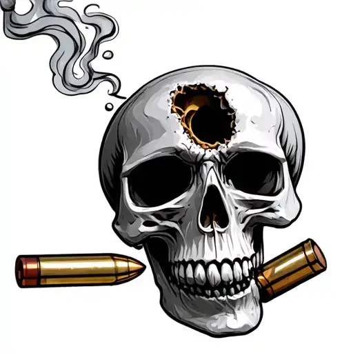 weathered skull facing forward jaw hanging open bullet hole in left side of forehead smoking .40cal casing falls tattoo design idea