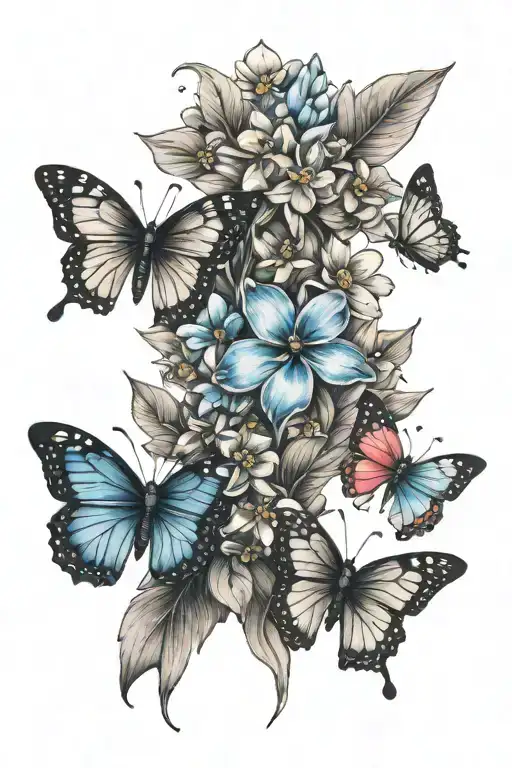 forget me not flowers with rainbow and butterflies tattoo design idea