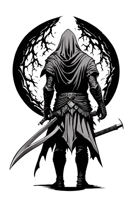 hooded assassin warrior standing no weapons back view tattoo design idea