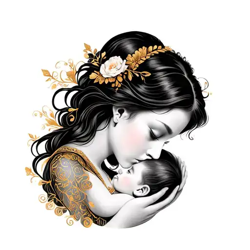 Tattoo design in the style of Gustav Klimt, mother nursing her baby with gold ornament patterns, art nouveau style, symb tattoo design idea
