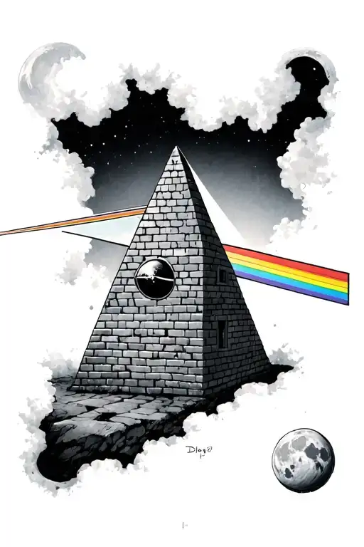 pink floyd dark side of the moon and small brick wall with hole in it tattoo design idea