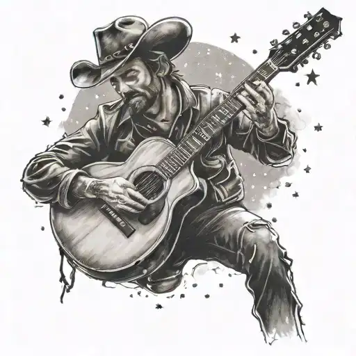 A cowboy playing a guitar under a starry sky tattoo design idea