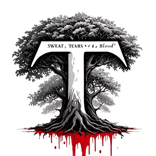An apricot tree in the shape of the letter "T" with blood underneath the tree. "Sweat", "Tears", "Blood" To the right si tattoo design idea